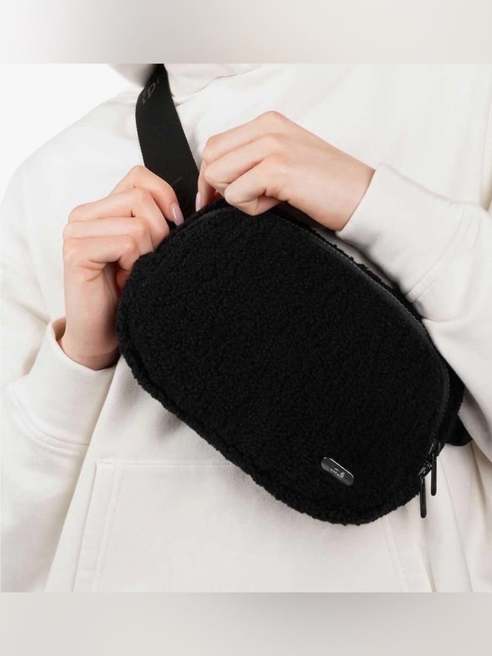Fuzzy and soft, LOLË Black Sherpa Crossbody Fanny pack